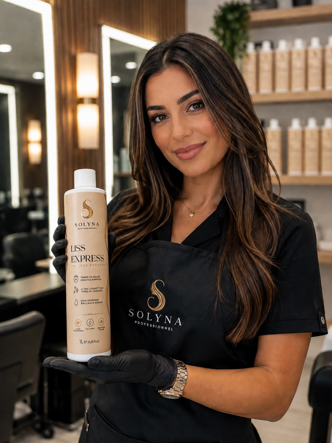 Une femme dans un salon de coiffure avec un tablier Solyna tient une bouteille de LISS EXPRESS dns ses mains